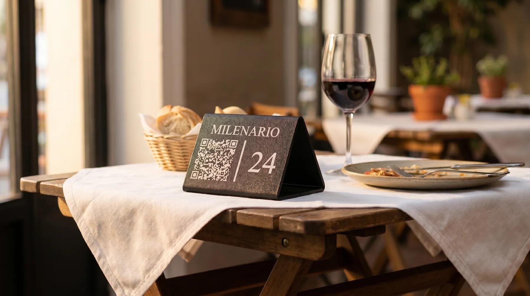 Stand Cartana sobre una mesa de bistró con mantel de lino y una copa de vino tinto, de día.
